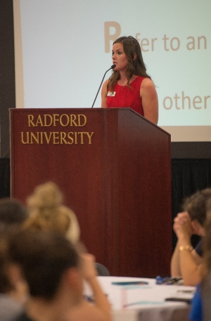 Student Government Association President Julianna Stanley talks at the Radford University Fear 2 Freedom event on Sept. 27.