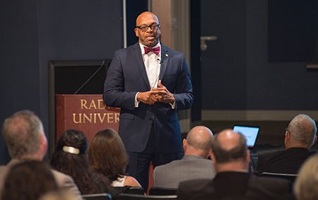 Radford University President Brian O. Hemphill welcomed the university’s faculty for conversations during two Presidential Open Forums sessions in the Hulburt Student Center auditorium on Sept. 5 and 6.