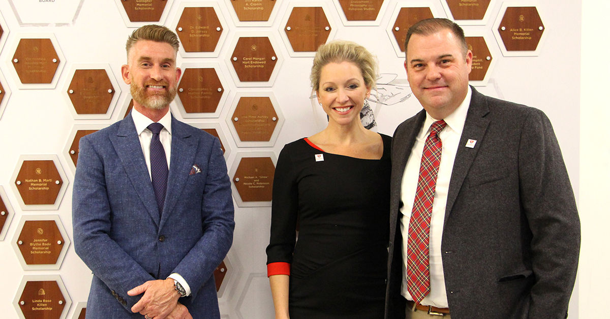 (Left to Right) ESPN reporter and author Marty Smith, and Nicole and Drew Robinson were honored by the College of Behavioral Sciences during Homecoming 2023.